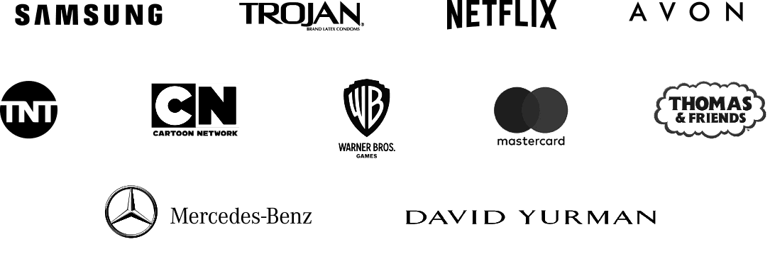 Clients include Samsung, Trojan, Netflix, Avon, TNT, Cartoon Network, Warner Bros, Mastercard, Thomas & Friends, Mercedes-Benz, and David Yurman